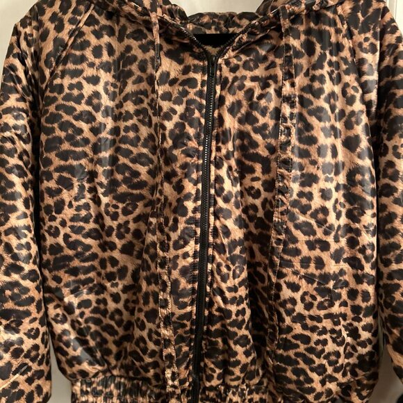 Norma Kamali Women's Golden Leopard Hooded Full Zip Bomber Jacket Size M & L